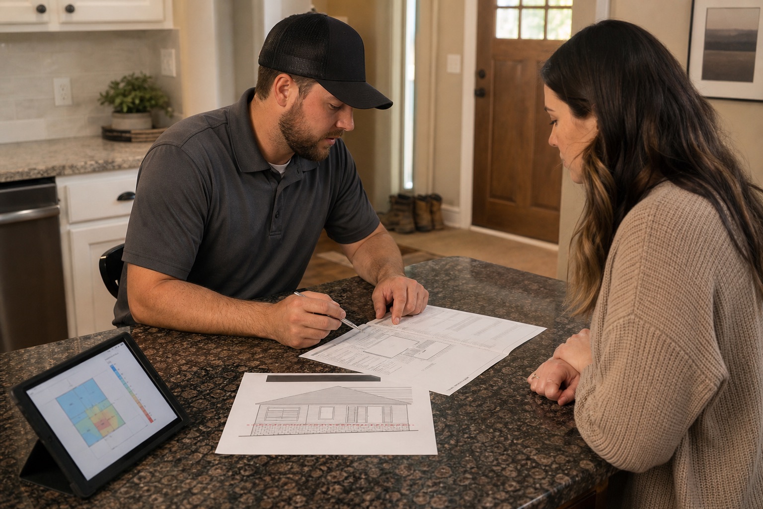 Illustrated foundation repair pricing guide with piers, soil, and an estimate sheet